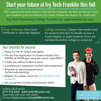 Start Your Future At Ivy Tech Franklin This Fall