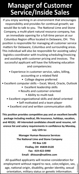 Manager Of Customer Service/Inside Sales