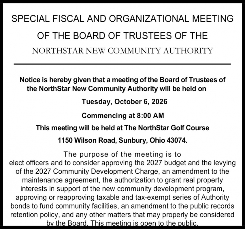 NorthStar New Community Authority Special Fiscal and Organizational Meeting (October 6, 2026)