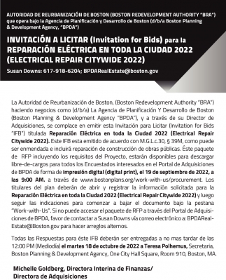 Invitación a Licitar (Invitation for Bids) para la Reparación Eléctrica end Toda la Ciudad 2022 (Electrical Repair Citywide 2022)
