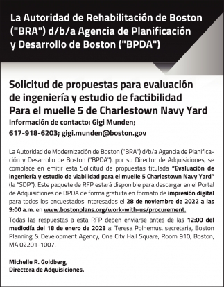 Solicitud de Propuestas para Evaluación de Ingeniería y Estudio de Factibilidad Para El Muelle 5 de Charlestown Navy Yard