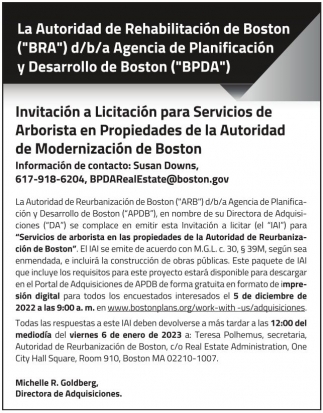 Invitación a Licitación para Servicios de Arborista en Propiedades de la Autoridad de Modernización de Boston
