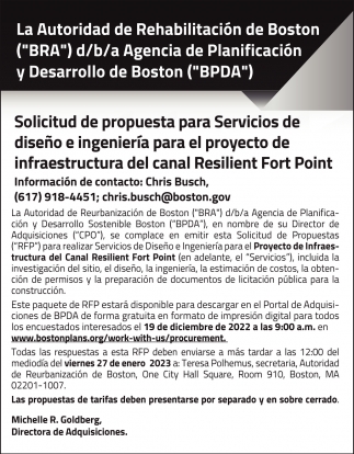 Solicitud de Propuesta para Servicios de Diseño e Ingeniería para el Proyecto de Infraestructura del Canal Resilient Fort Point