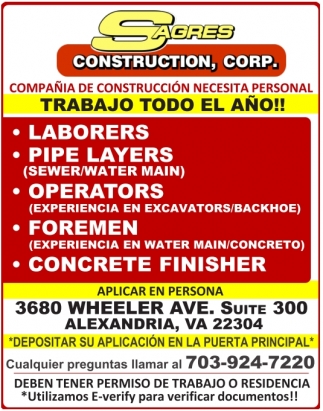 Laborers, Pipe Layers, Operators, Foremen, Concrete Finisher