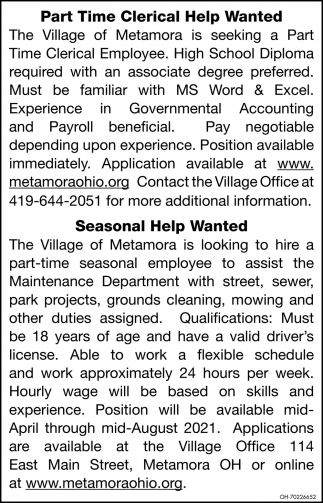 Part Time Clerical Help Wanted