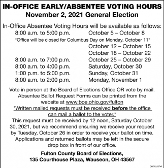 In-Office Early/Absentee Voting Hours