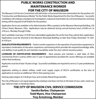Public Works Construction and Maintenance Worker For The City Of Wauseon