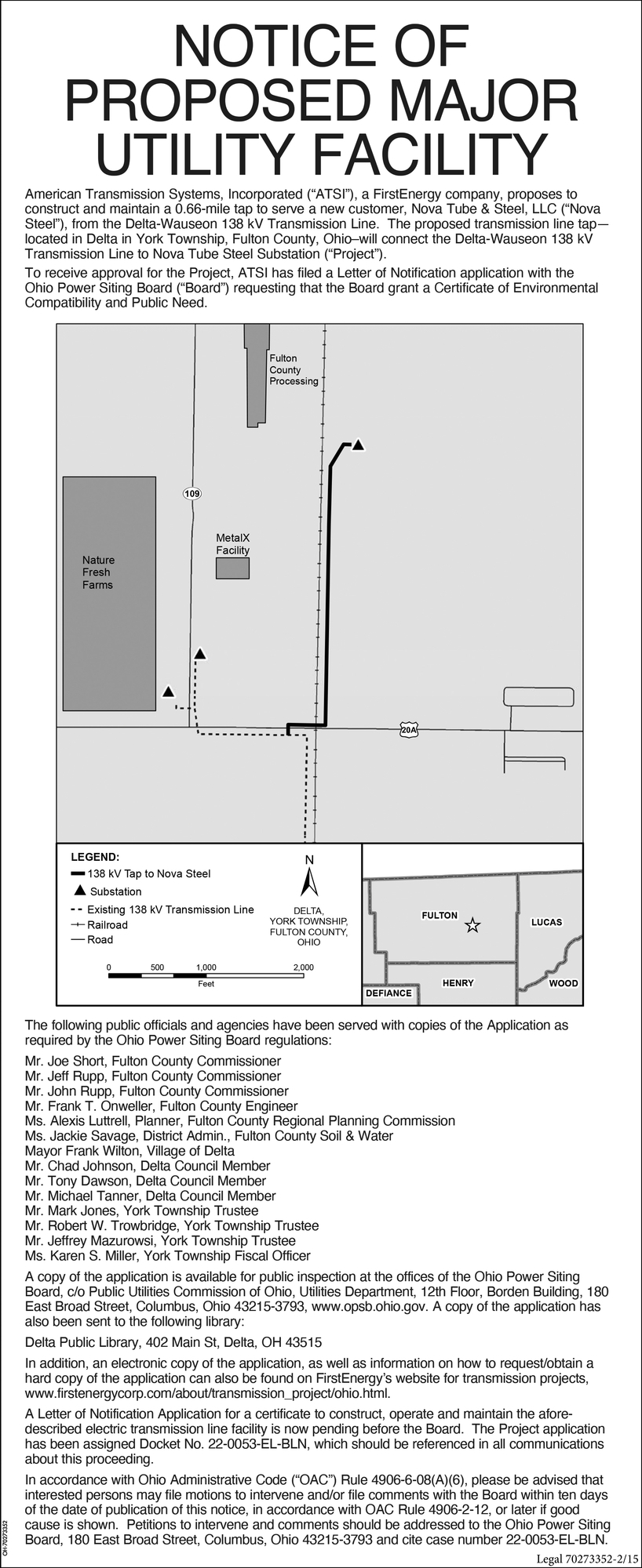 Notice Of Proposed Major Utility Facility