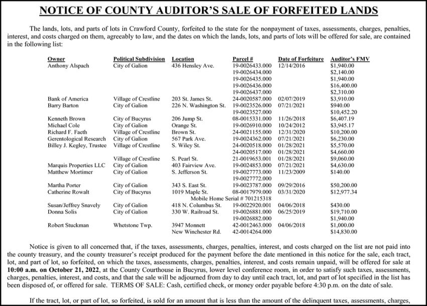Notice of County Auditor's Sale