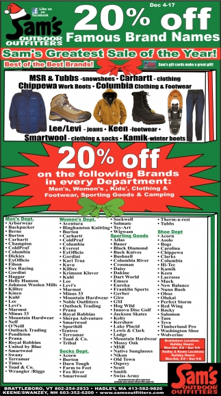 20% OFF, Sam&#39;s Outdoor Outfitters, Hadley, MA