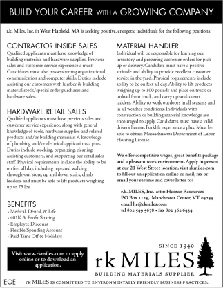 Build Your Career With A Growing Company Rk Miles Building Materials Supplier West Hatfield Ma