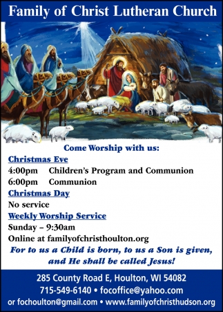 Come Worship With Us, Family Of Christ Lutheran Church, Andover, Mn