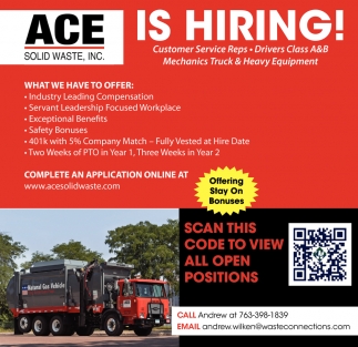 Customer Service Reps ACE Solid Waste Anoka MN