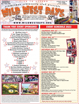 Thank You! Event Sponsors!, Wild West Days, Zimmerman, MN