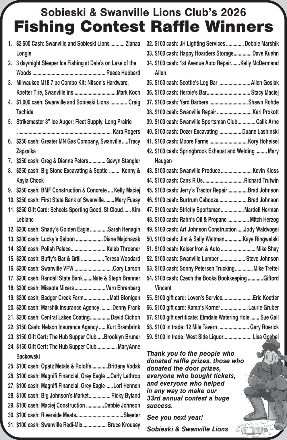 Fishling Ruffle Fishing Contest Raffle Winners, Sobieski & Swanville Lions Club, Little ...