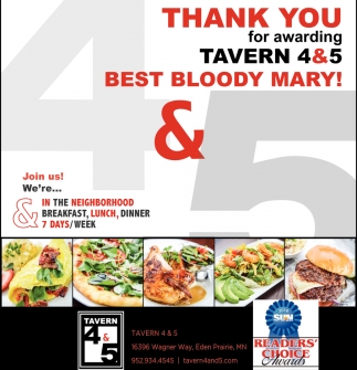Thank You For Awarding Tavern 4 5 Best Bloody Mary Tavern 4 5 Eden Prairie Mn