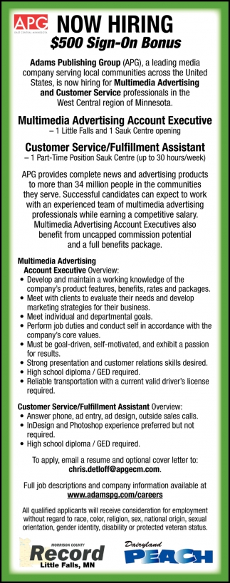 Multimedia Advertising Account Executive, Customer Service / Fulfillment Assistant