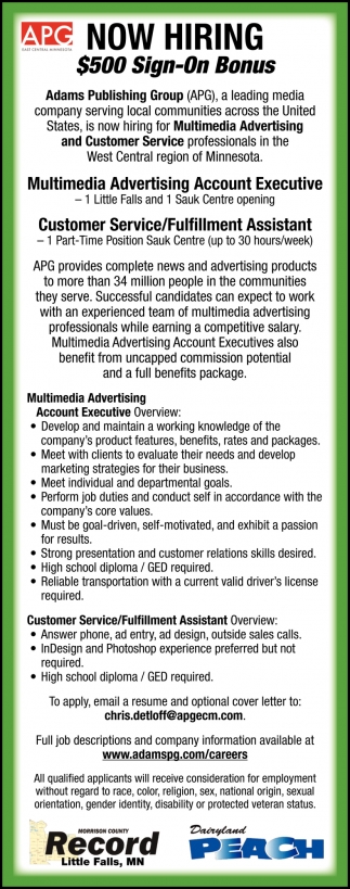 Multimedia Advertising Account Executive, Customer Service / Fulfillment Assistant