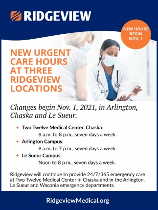 New Urgent Care Hours At Three Ridgeview Locations