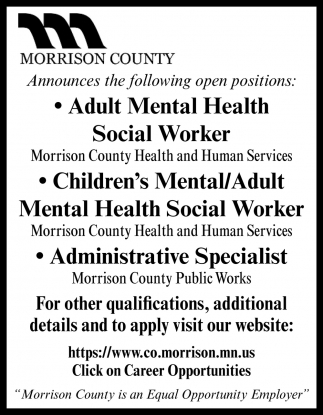 Adult Mental Health Social Worker, Children's Mental/Adult Mental Health Social Worker,  Administrative Specialist