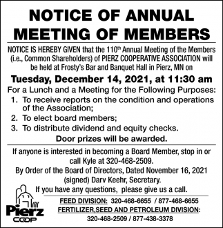 Notice Of Annual Meeting of Members