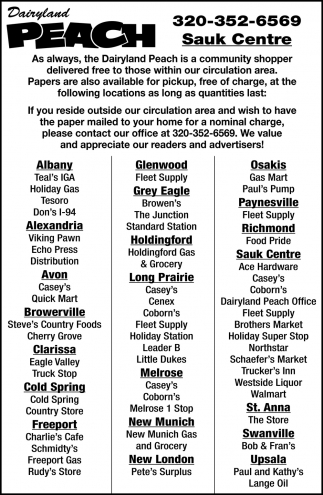 If You Reside Outside or Circulation Area and Wih To Have The Paper Mailed To Your Home For a Nominal Charge, Please Contact Us