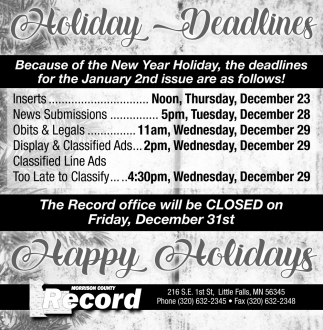 Holiday Deadlines