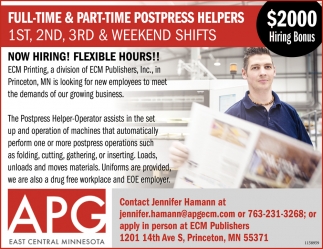 Full Time & Part Time Postpress Helpers