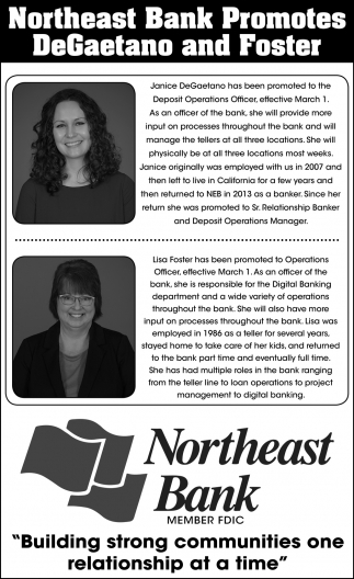 Northeast Bank Promotes DeGaetano and Foster