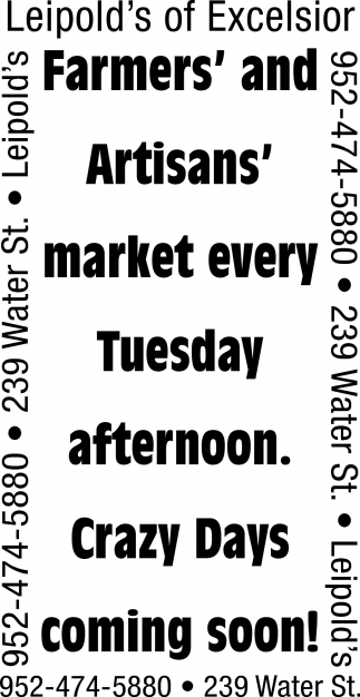 Farmers' And Artisans' Market Every Tuesday Afternoon