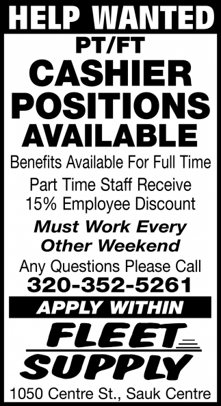 Cashier Positions Available