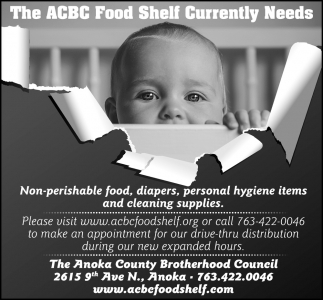 The ACBC Food Shelf Currently Needs Non-Perishable Food, Diapers, Personal Hygiene Items and Cleaning Supplies