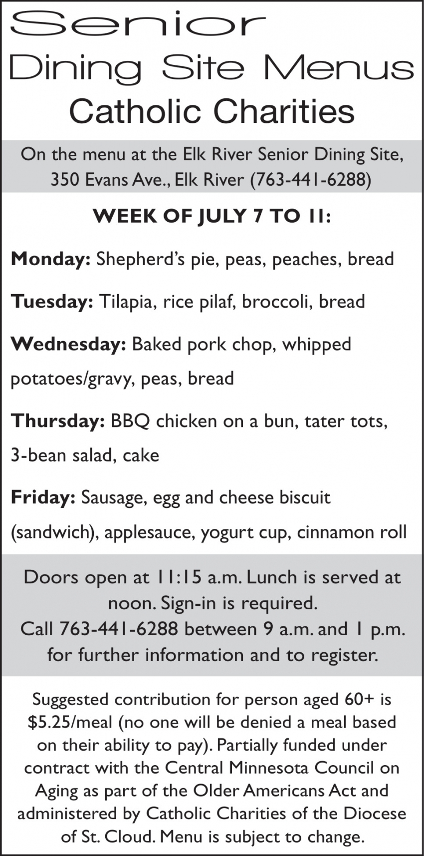 Senior Dining Site Menus Catholic Charities