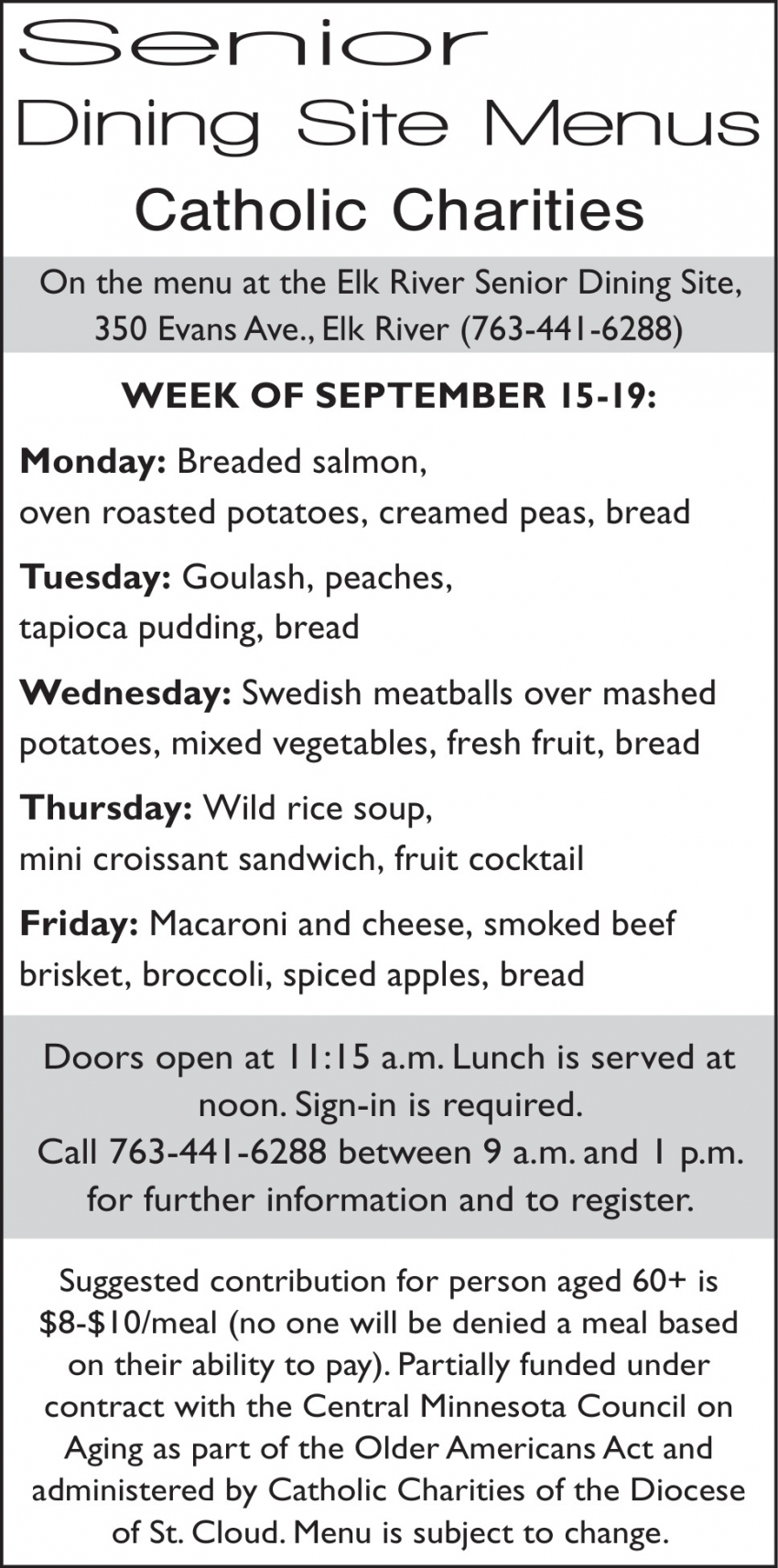 Senior Dining Site Menus Catholic Charities
