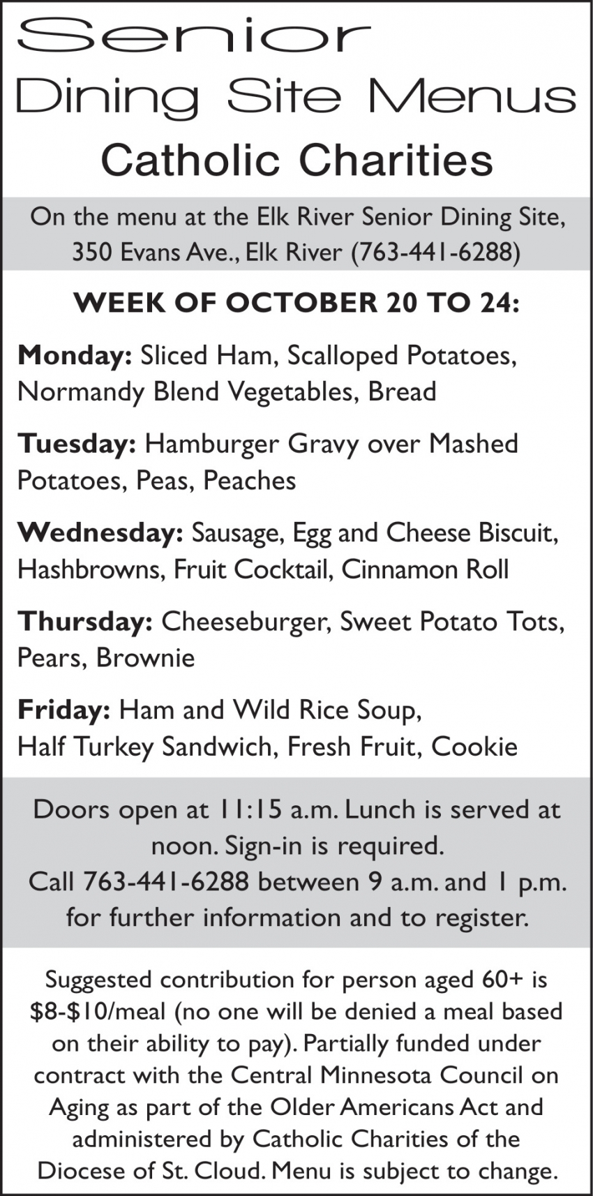 Senior Dining Site Menus Catholic Charities