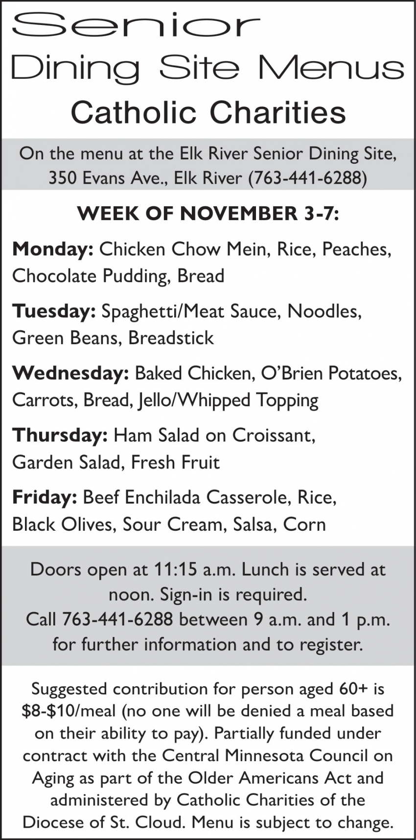 Senior Dining Site Menus Catholic Charities