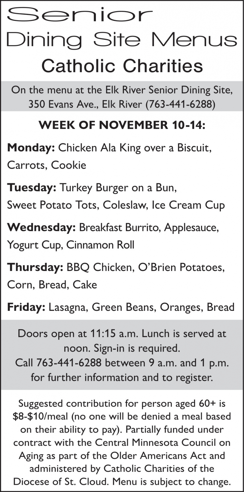 Senior Dining Site Menus Catholic Charities