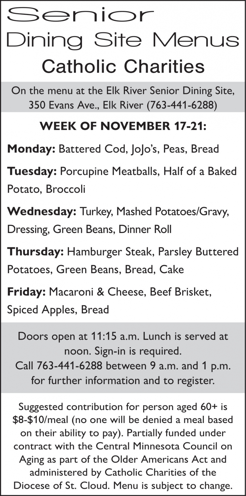 Senior Dining Site Menus Catholic Charities