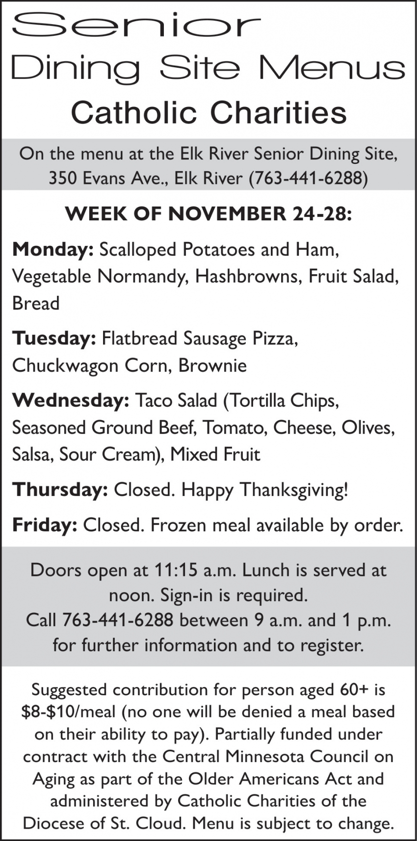 Senior Dining Site Menus Catholic Charities
