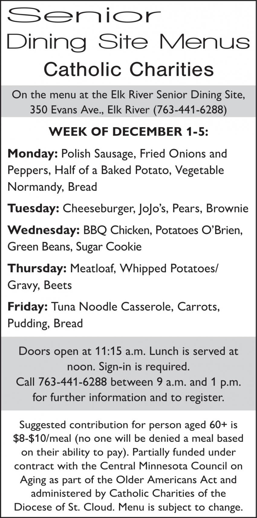 Senior Dining Site Menus Catholic Charities