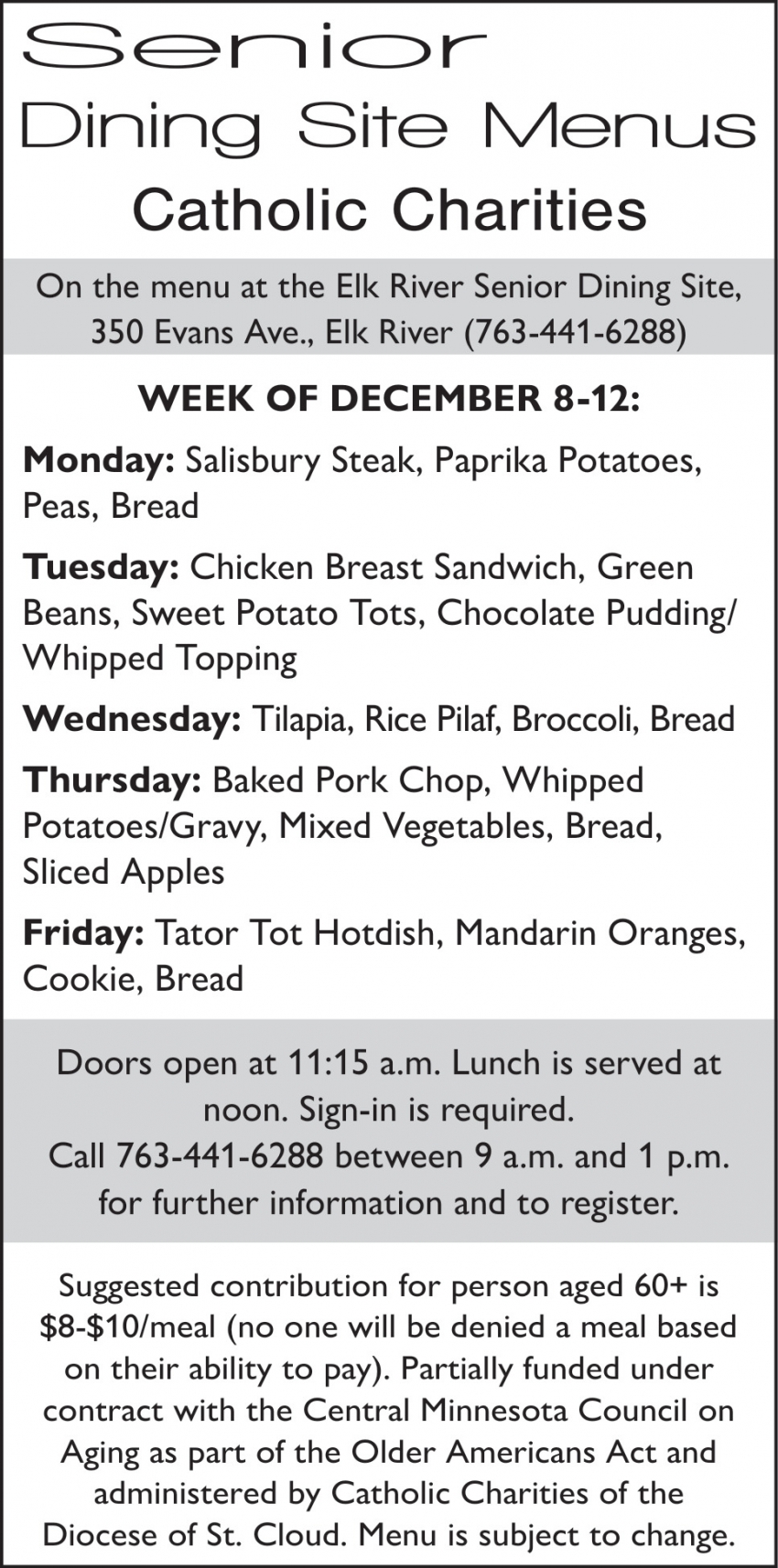 Senior Dining Site Menu