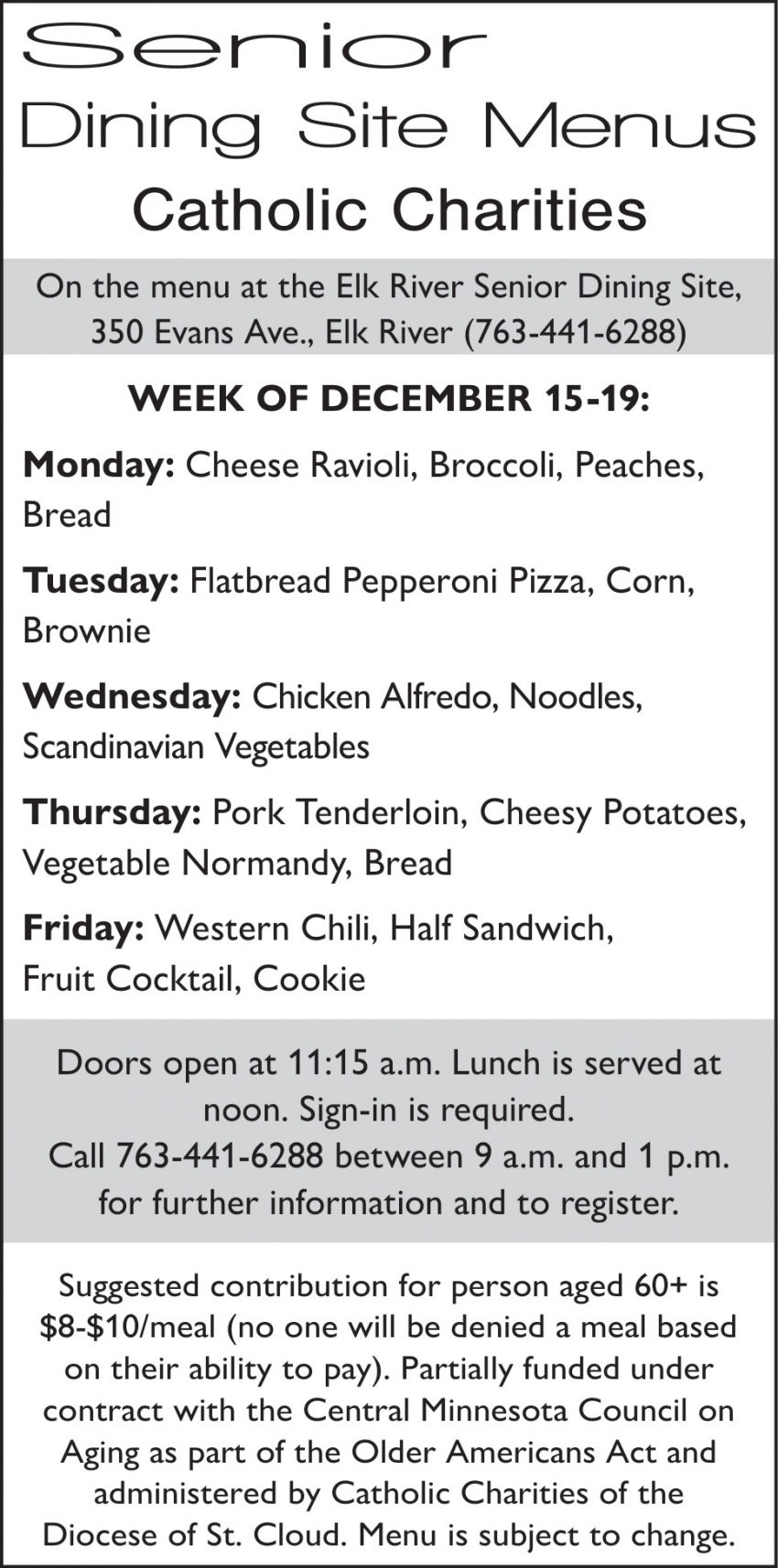 Senior Dining Site Menus Catholic Charities