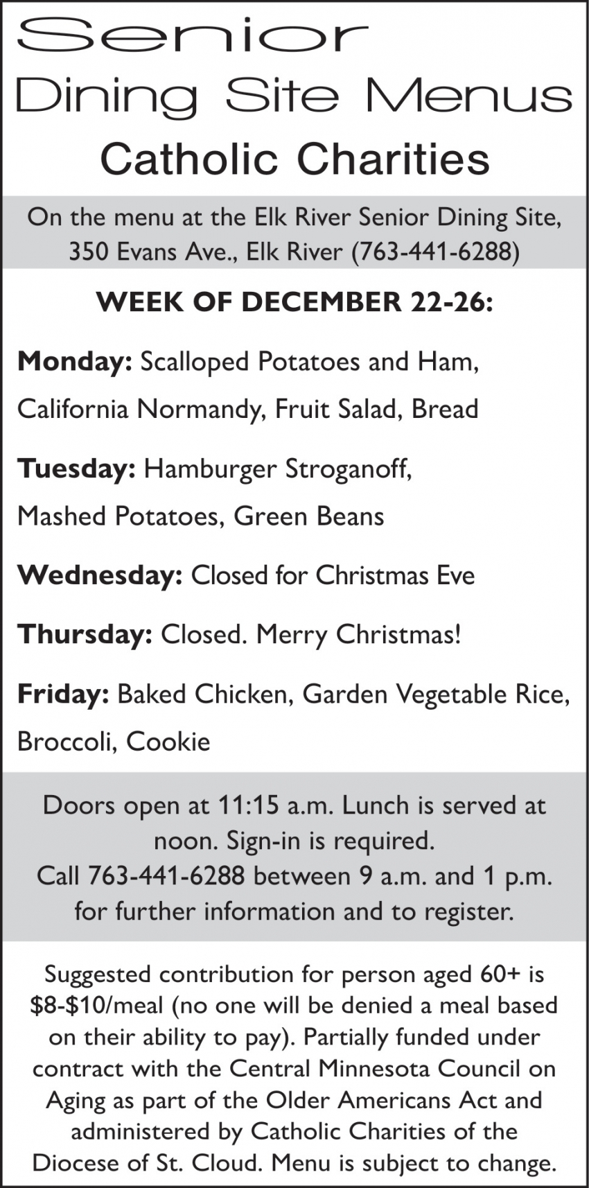 Senior Dining Site Menus Catholic Charities