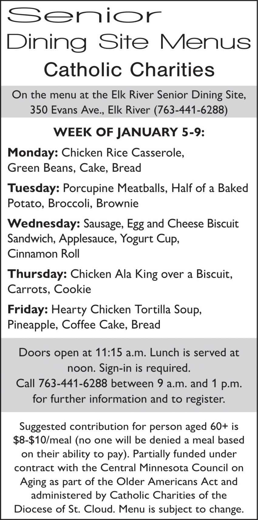 Senior Dining Site Menus Catholic Charities