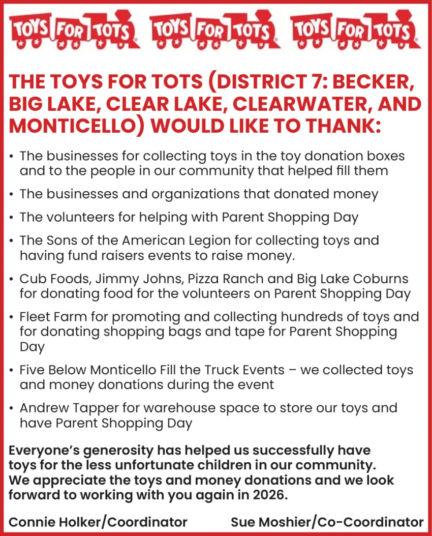 Toys for Tots (District 7: Becker, Big Lake, Clear Lake, Clearwater, and Monticello)
