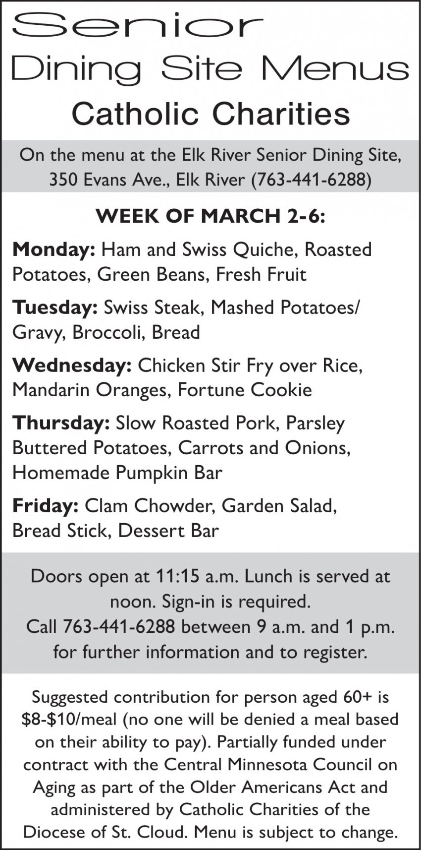Senior Dining Site Menus Catholic Charities