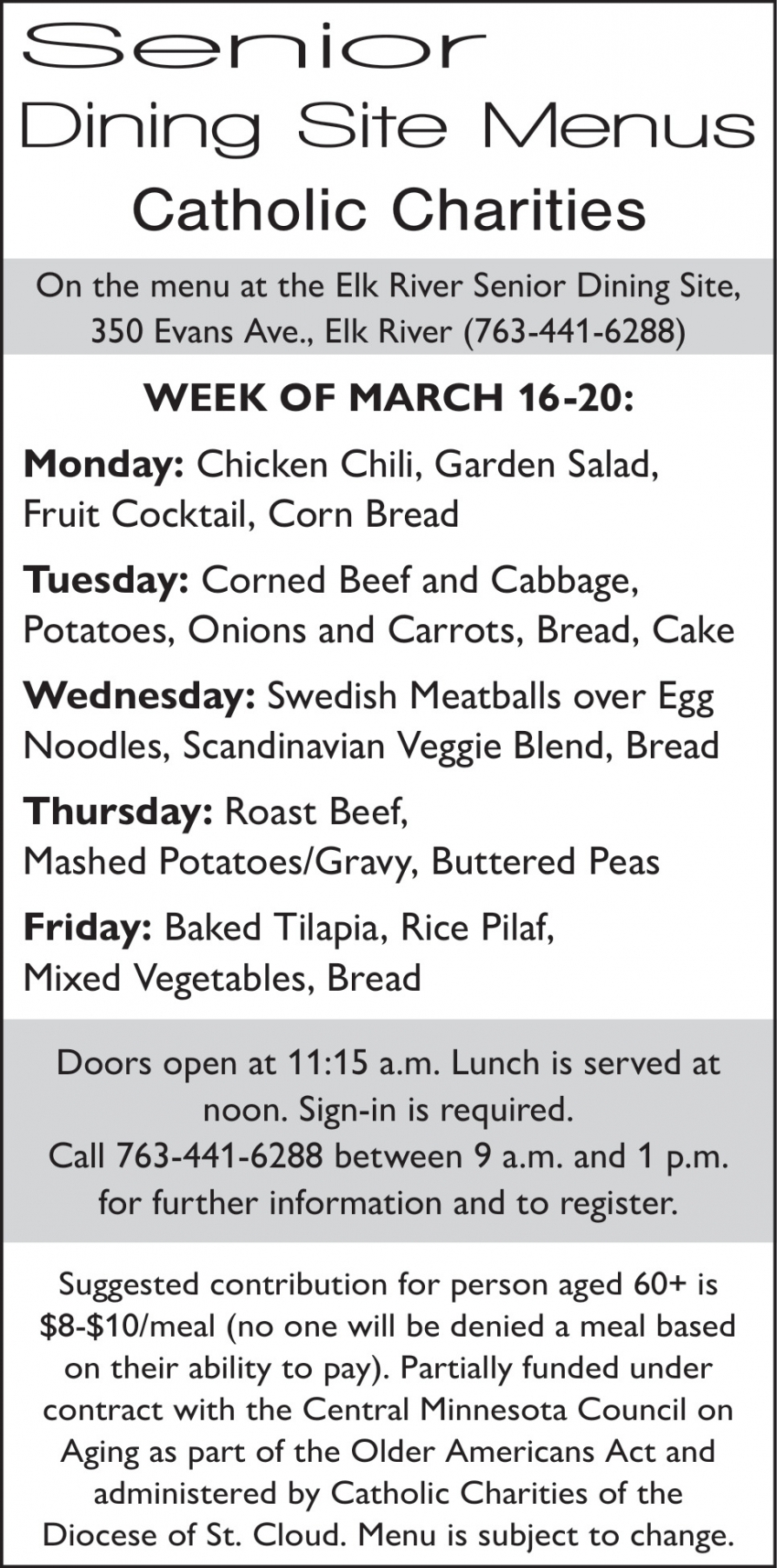 Senior Dining Site Menus Catholic Charities