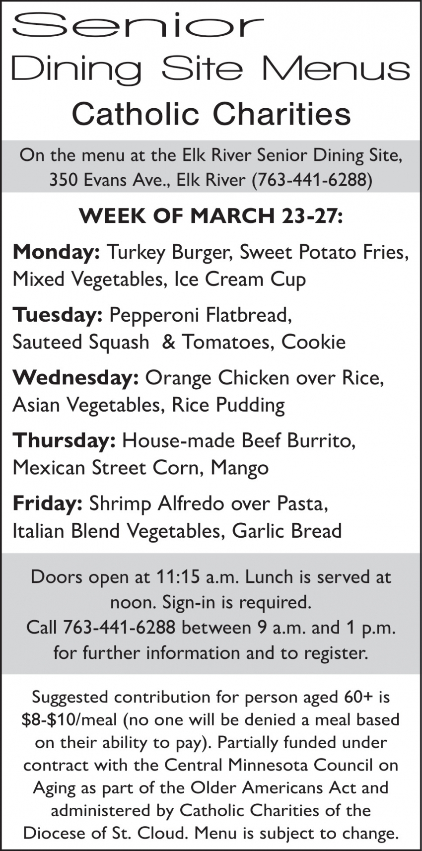 Senior Dining Site Menus Catholic Charities