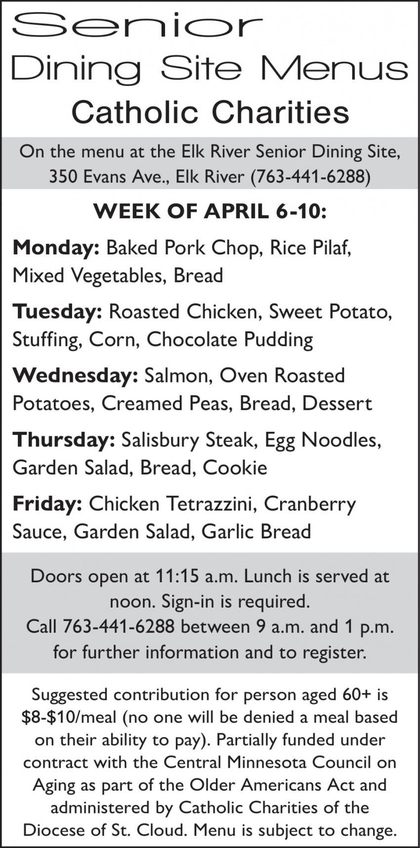 Senior Dining Site Menus Catholic Charities