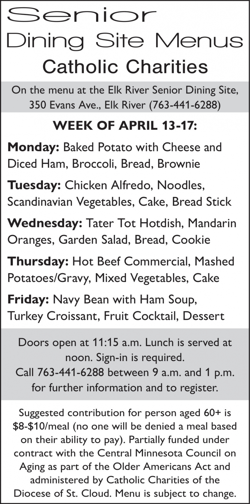 Senior Dining Site Menus Catholic Charities
